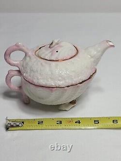 Vintage Belleek Neptune Pink Tea For One Teapot Shell Cup Gold Trim Green Banner