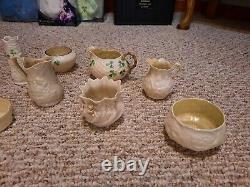 Vintage Lot Assorted Belleek Porcelain shamrock bowls, plates, vase black marked