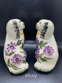 Vintage O'Neill Handpainted Purple Flower Pair of Pottery Dogs Staffordshire Sty