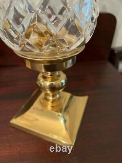 Vintage Pair Of Waterford Crystal Lismore Hurricane Candlesticks with Brass Base