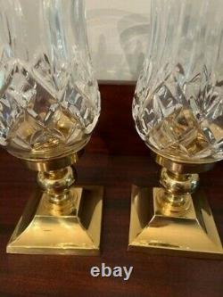 Vintage Pair Of Waterford Crystal Lismore Hurricane Candlesticks with Brass Base