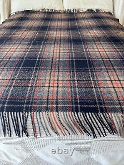 Vtg Hourihan Wool Throw Blanket Ireland Plaid Fringed 1970's Navy Blue 73x62