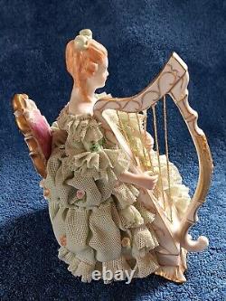 Vtg IRISH DRESDEN SINEAD PORCELAIN LACE FIGURINE EMERALD COLLECTION 1960s HARP