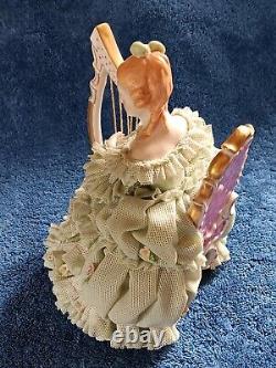 Vtg IRISH DRESDEN SINEAD PORCELAIN LACE FIGURINE EMERALD COLLECTION 1960s HARP