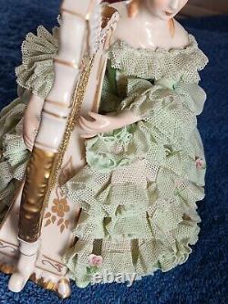 Vtg IRISH DRESDEN SINEAD PORCELAIN LACE FIGURINE EMERALD COLLECTION 1960s HARP