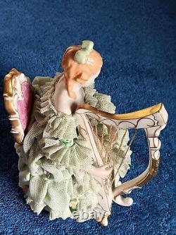 Vtg IRISH DRESDEN SINEAD PORCELAIN LACE FIGURINE EMERALD COLLECTION 1960s HARP