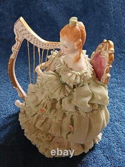 Vtg IRISH DRESDEN SINEAD PORCELAIN LACE FIGURINE EMERALD COLLECTION 1960s HARP