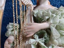 Vtg IRISH DRESDEN SINEAD PORCELAIN LACE FIGURINE EMERALD COLLECTION 1960s HARP