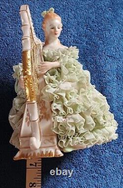 Vtg IRISH DRESDEN SINEAD PORCELAIN LACE FIGURINE EMERALD COLLECTION 1960s HARP