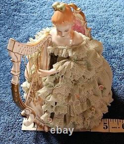 Vtg IRISH DRESDEN SINEAD PORCELAIN LACE FIGURINE EMERALD COLLECTION 1960s HARP