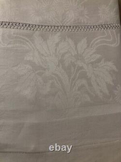 Vtg Irish Linen Dbl Damask Tablecloth & 8 Napkins Florals Rectangular