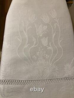 Vtg Irish Linen Dbl Damask Tablecloth & 8 Napkins Florals Rectangular